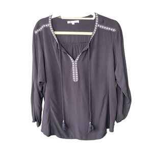 DR2 Blouse Womens XXL Black & White Peasant Prairie Pullover Long Sleeve Shirt